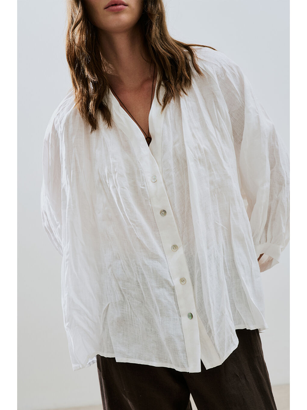 Keten Crush Düğmeli Bluz Ekru-2