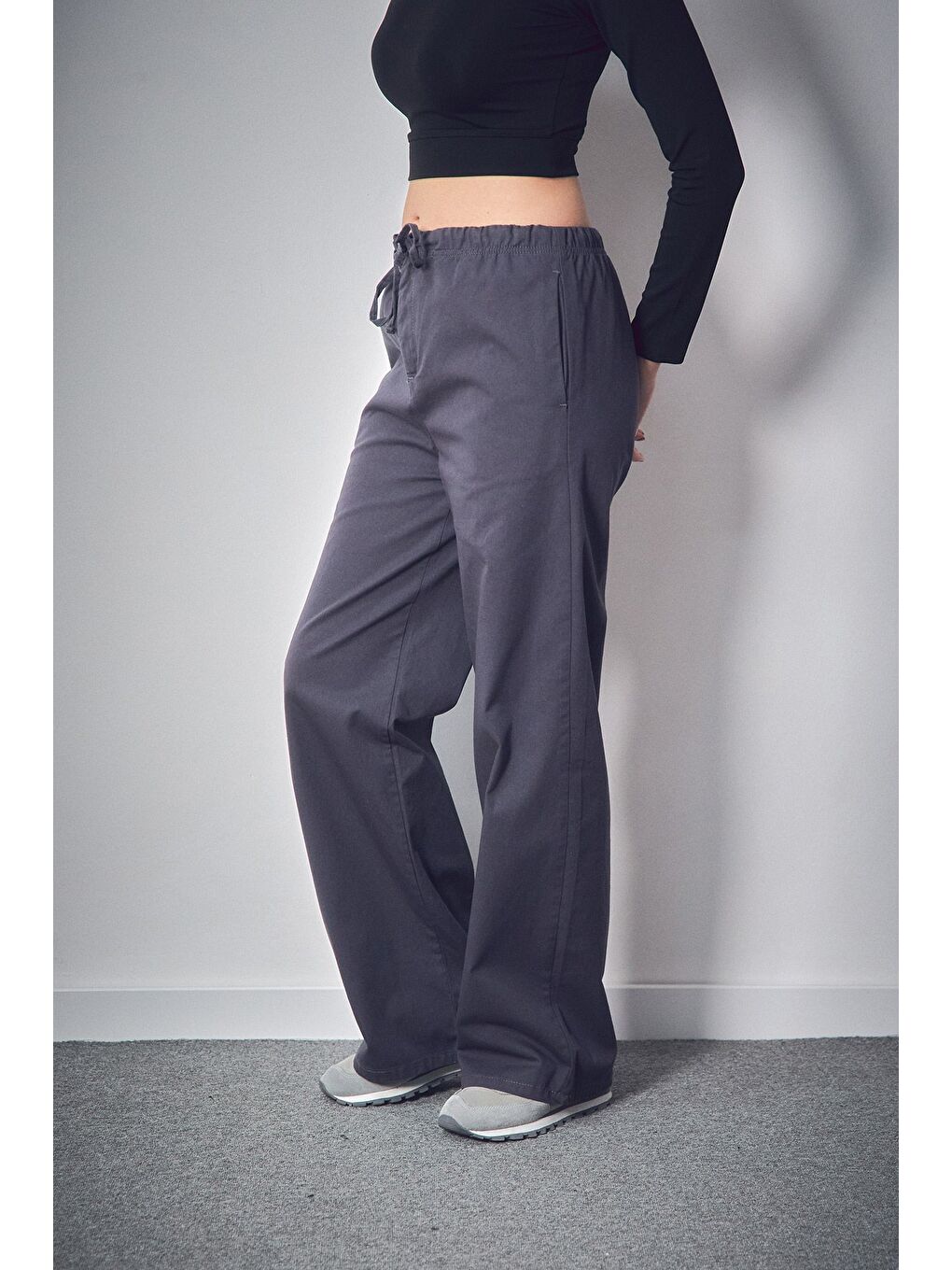 Gri Beli Lastikli Cepli Palazzo Pantolon-1