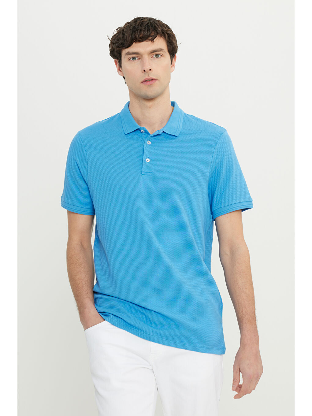 Erkek Koyu Mavi Pamuklu Slim Fit Dar Kesim Polo Yaka Jakarlı Esnek Tişört-2