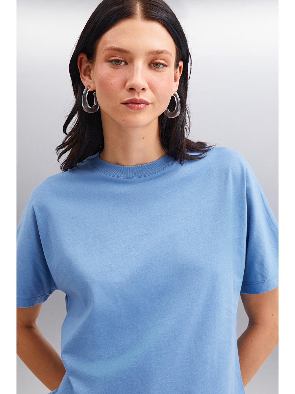 İndigo LOTTIE Kadın %100 Organik Pamuklu Regular Kalıp Bisiklet Yaka Basic Kısa Kollu İNDİGO T-Shirt-3