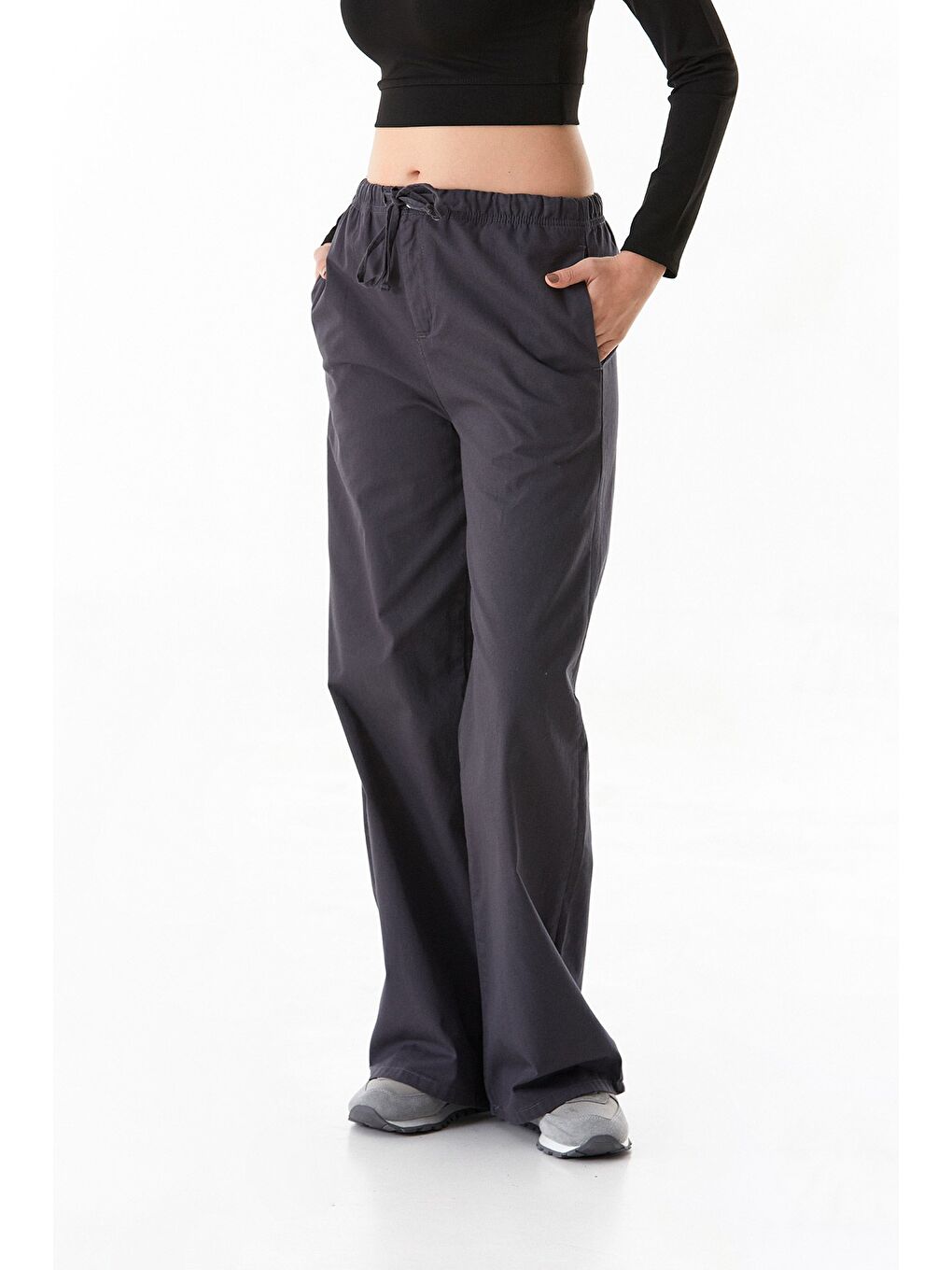 Gri Beli Lastikli Cepli Palazzo Pantolon-3