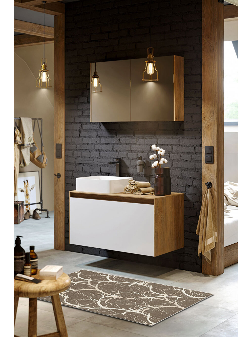 Kahverengi Dekoratif Özel Tasarım Yıkanabilir İnce Kaymaz Tabanlı Modern Halı KECE FR19-3