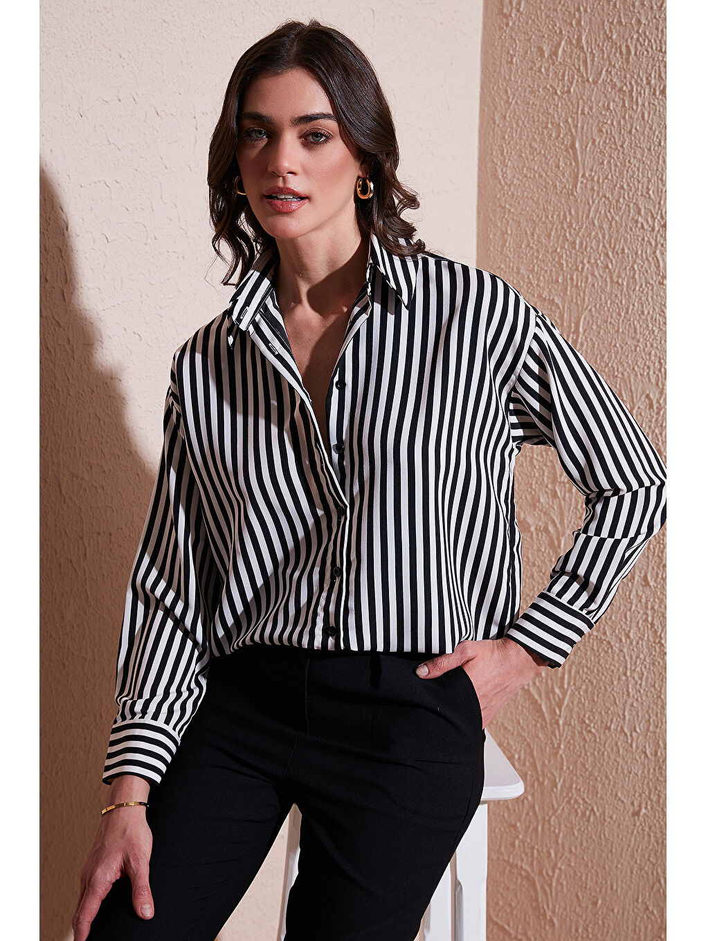 Siyah Standart Fit Klasik Yaka Çizgili Kadın Gömlek 6772894