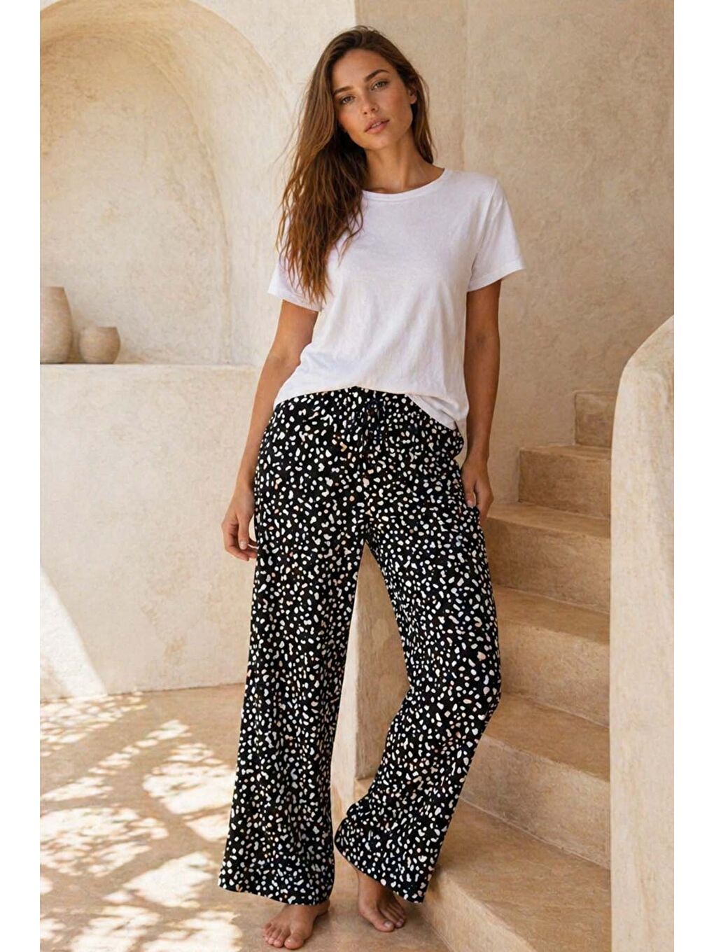 Büyük Beden Kadın Viskon Kumaş Beyaz Puantiye Desen Penye Battal Tek Pijama Alt 19 Siyah04-3