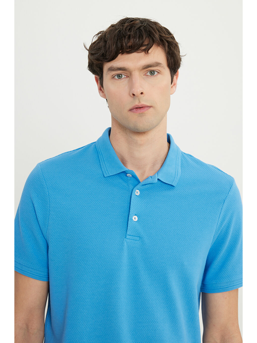 Erkek Koyu Mavi Pamuklu Slim Fit Dar Kesim Polo Yaka Jakarlı Esnek Tişört-3