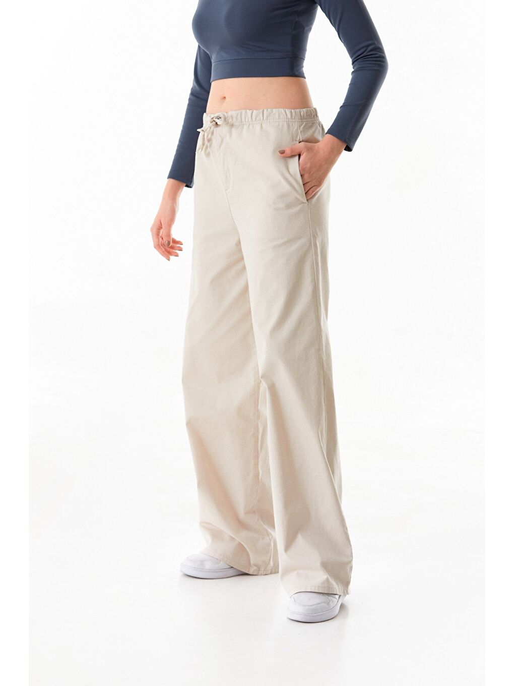 Bej Beli Lastikli Cepli Palazzo Pantolon-1
