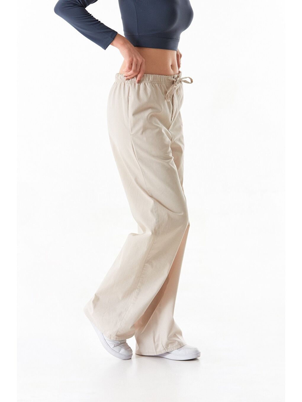 Bej Beli Lastikli Cepli Palazzo Pantolon-4