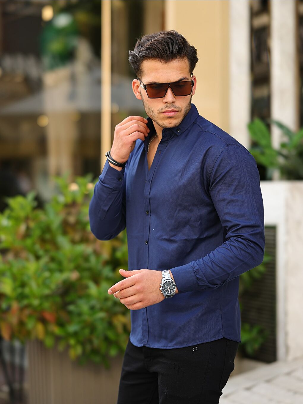 Lacivert Erkek Klasik Slim Fit Gömlek