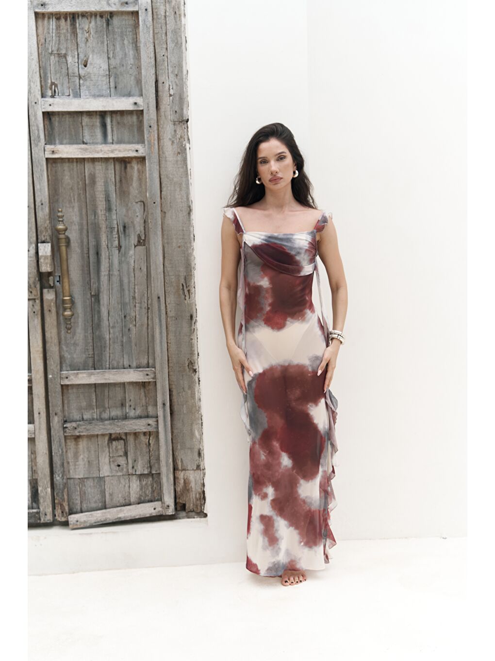 Magi Fırfır Detay Bordo Uzun Elbise-1