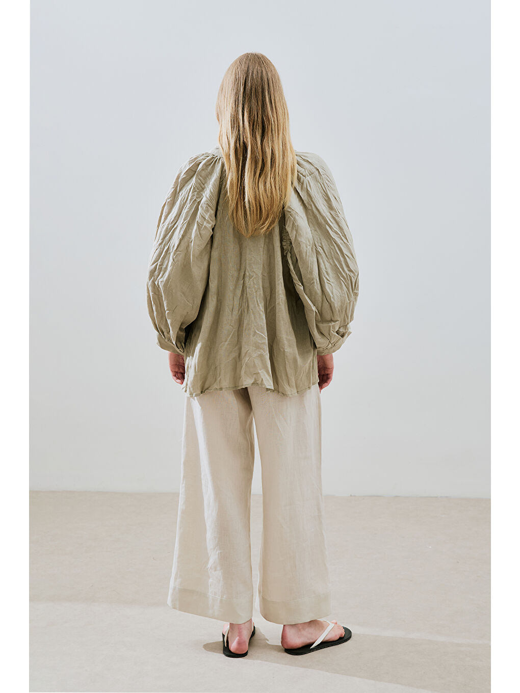 Keten Crush Düğmeli Bluz Yeşil-5