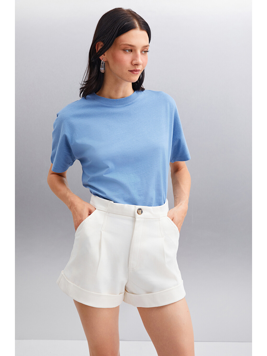 İndigo LOTTIE Kadın %100 Organik Pamuklu Regular Kalıp Bisiklet Yaka Basic Kısa Kollu İNDİGO T-Shirt-4