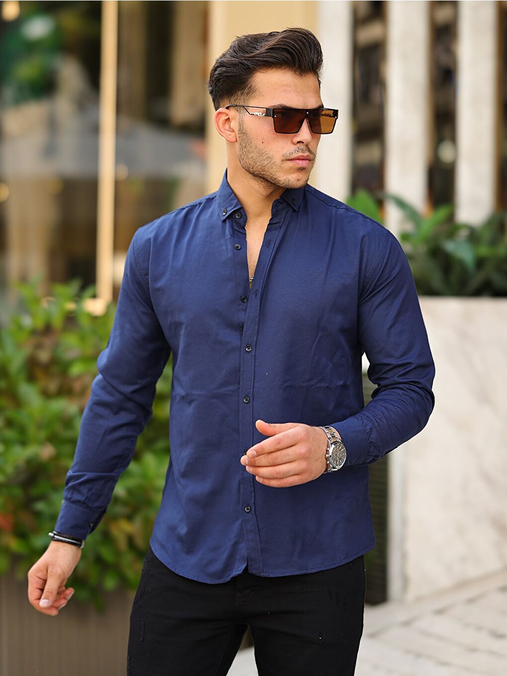 Lacivert Erkek Klasik Slim Fit Gömlek-2