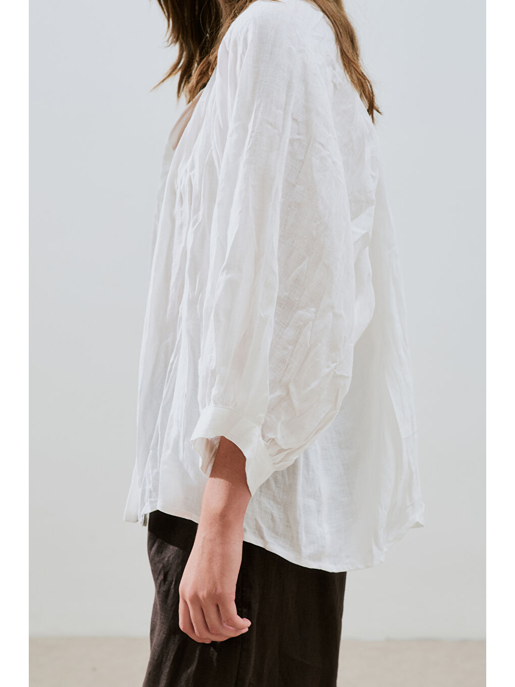 Keten Crush Düğmeli Bluz Ekru-3