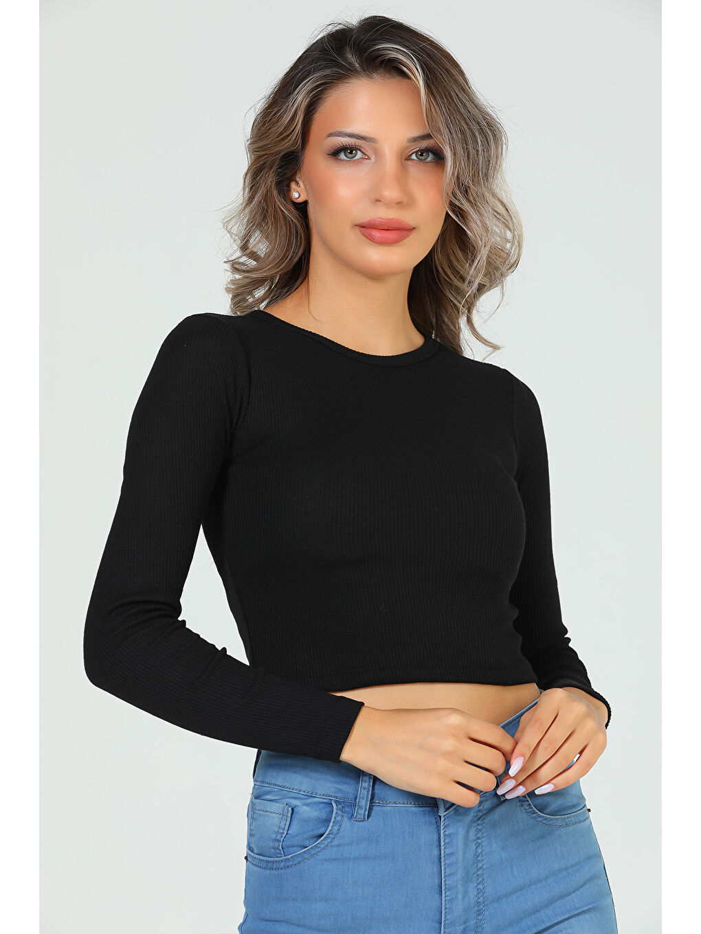 GÜLSELİ Siyah Kadın Bisiklet Yaka Kaşkorse Crop Body Bluz - 6