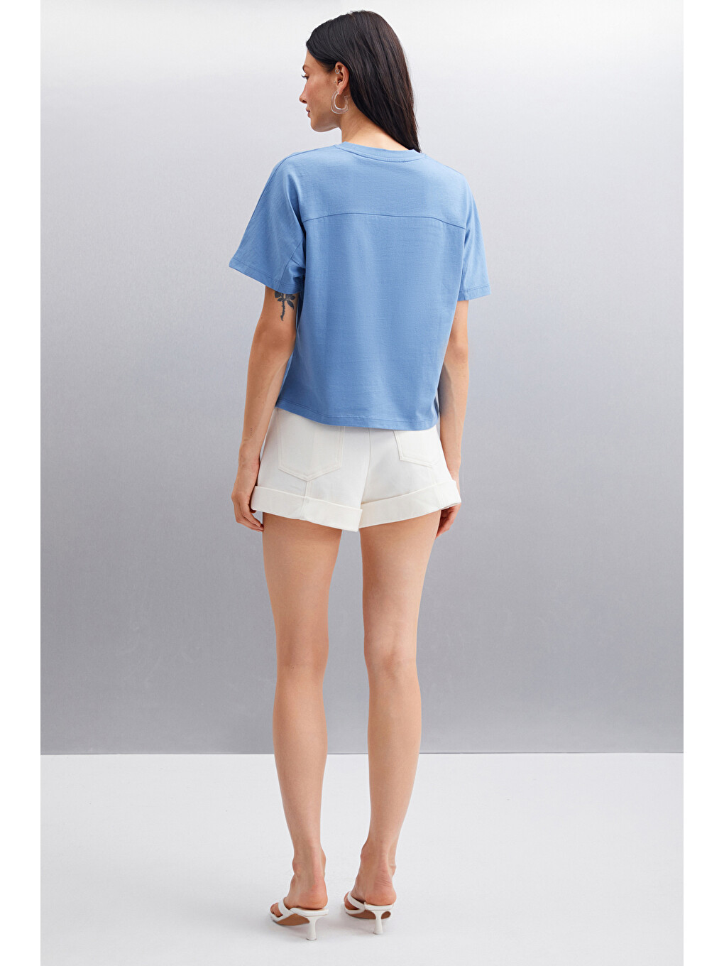 İndigo LOTTIE Kadın %100 Organik Pamuklu Regular Kalıp Bisiklet Yaka Basic Kısa Kollu İNDİGO T-Shirt-5