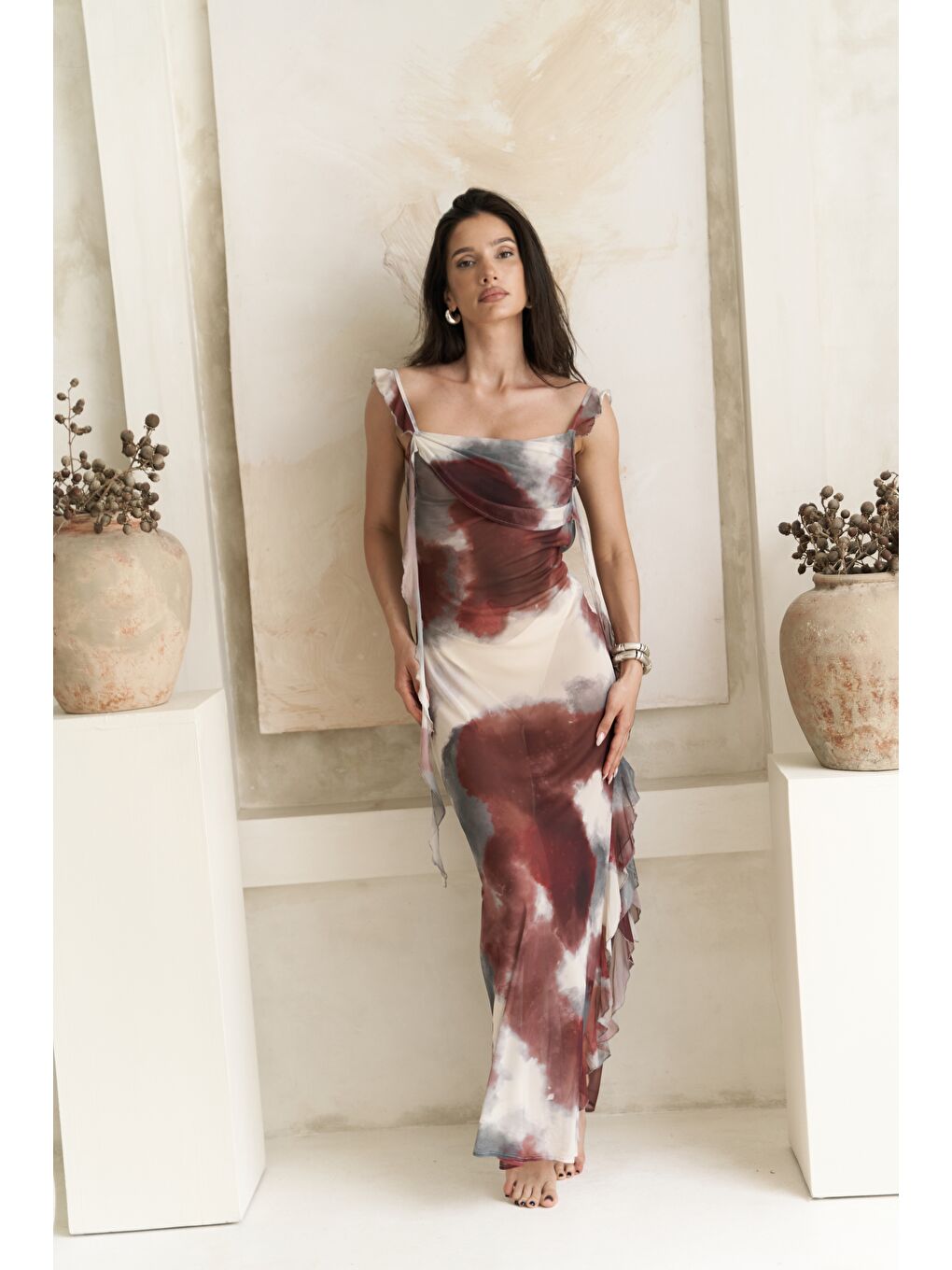 Magi Fırfır Detay Bordo Uzun Elbise-2