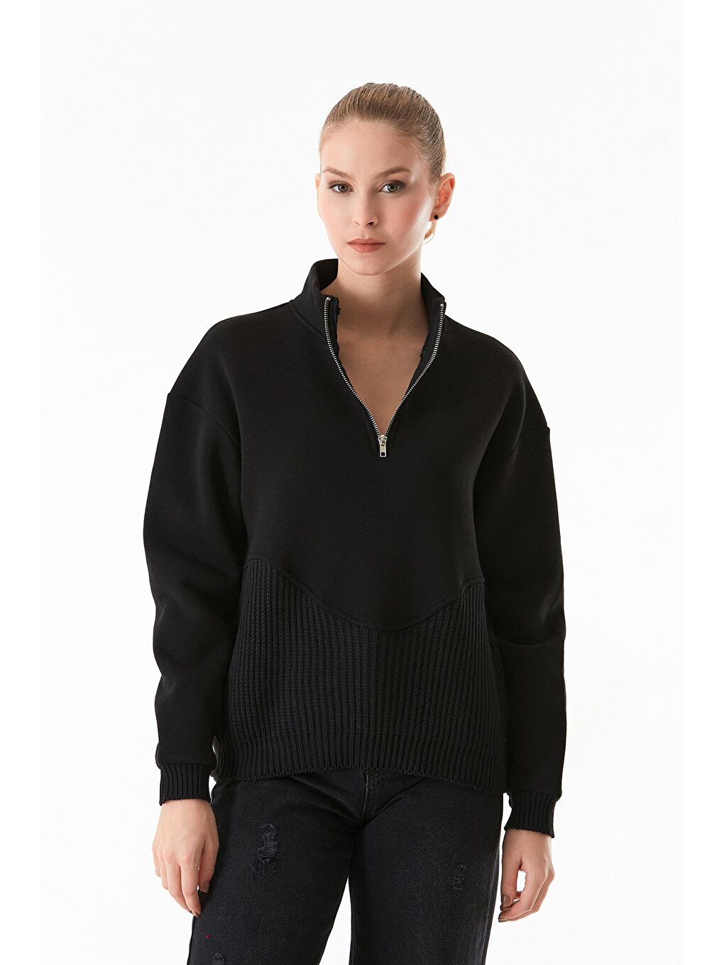 Fullamoda Siyah 3 İplik Triko Detaylı Yarım Fermuarlı Dik Yaka Sweatshirt