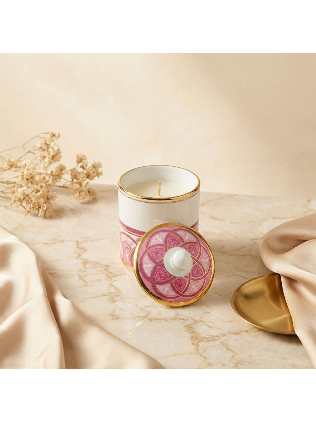 Ekru El Dekoru Altın Yaldızlı Kapaklı Porselen Mumluk & Dekoratif Kutu-1