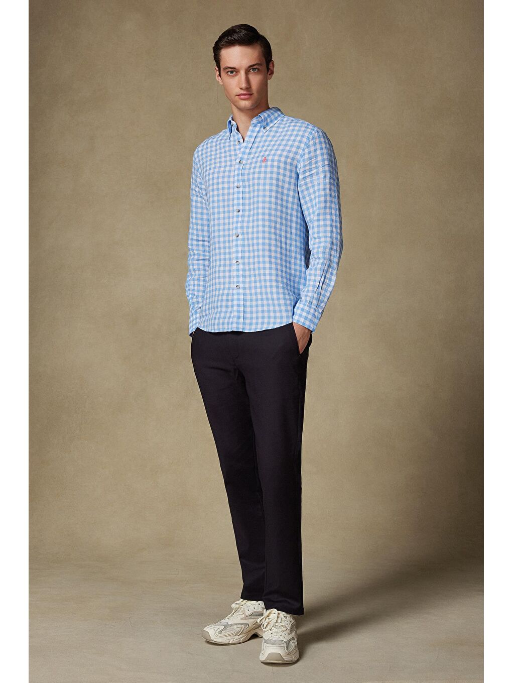 Sorento Keten Keten Comfort Fit Açık Mavi Düğmeli Yaka Erkek Kareli Gömlek-3