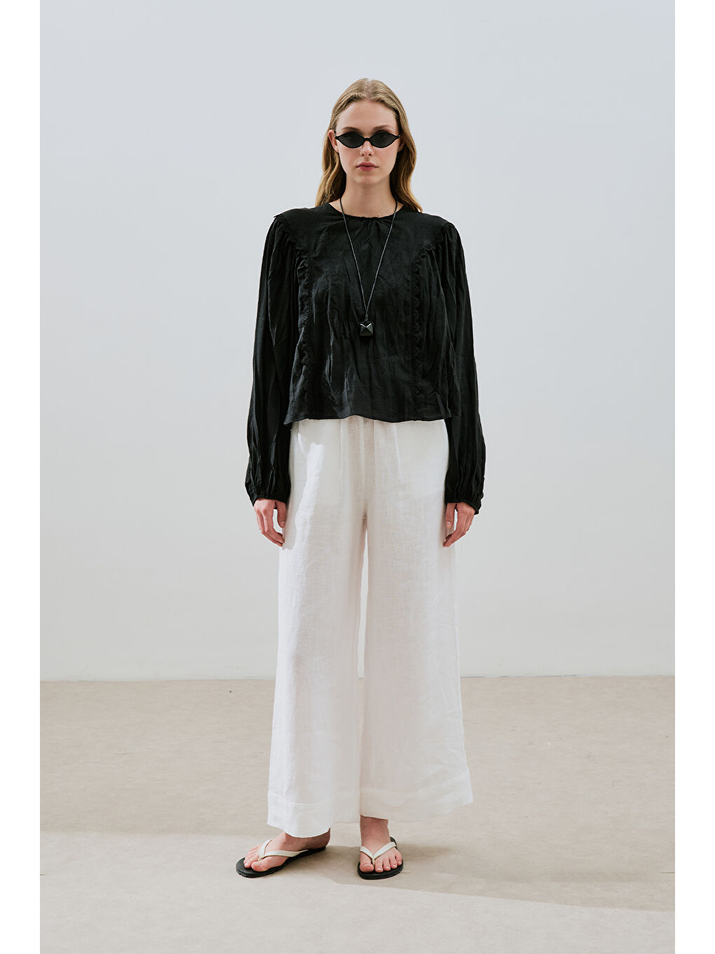 Keten Crush Efektli Bluz Siyah-1