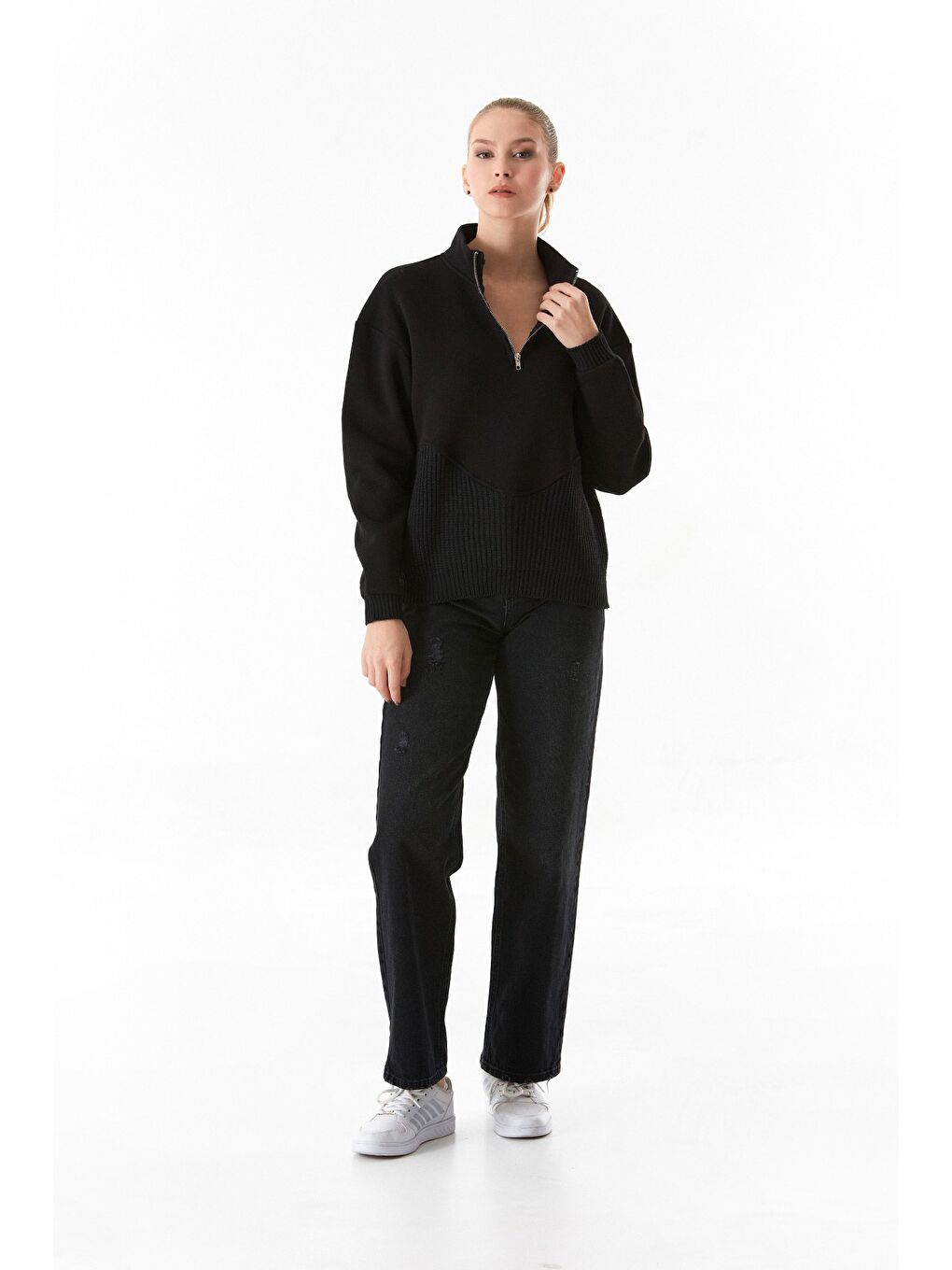 Fullamoda Siyah 3 İplik Triko Detaylı Yarım Fermuarlı Dik Yaka Sweatshirt - 1