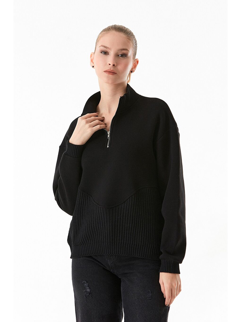 Fullamoda Siyah 3 İplik Triko Detaylı Yarım Fermuarlı Dik Yaka Sweatshirt - 2