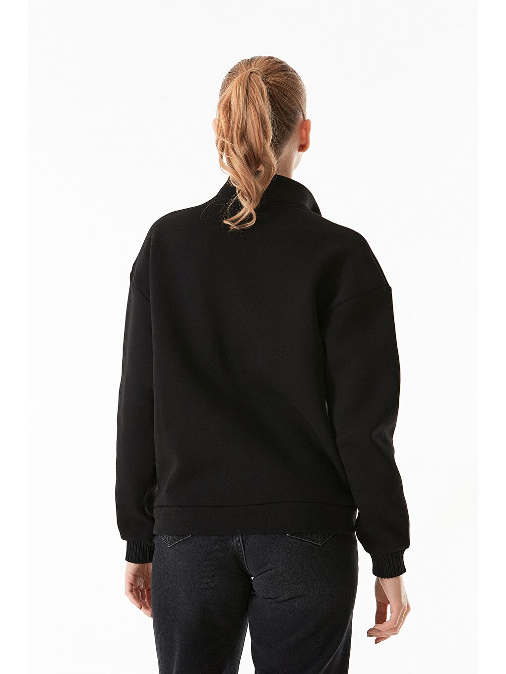Fullamoda Siyah 3 İplik Triko Detaylı Yarım Fermuarlı Dik Yaka Sweatshirt - 3