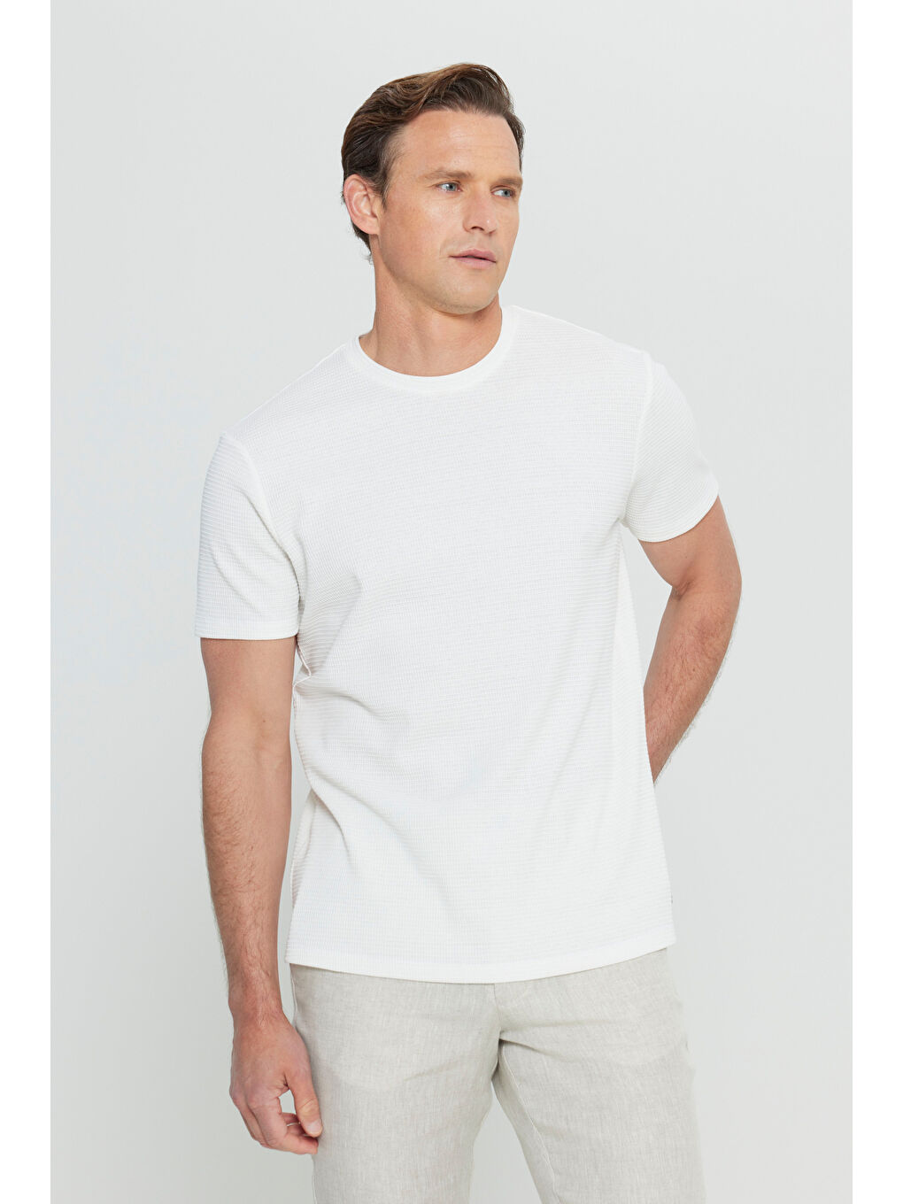 Erkek Ekru Pamuklu Slim Fit Dar Kesim Bisiklet Yaka Jakarlı Tişört