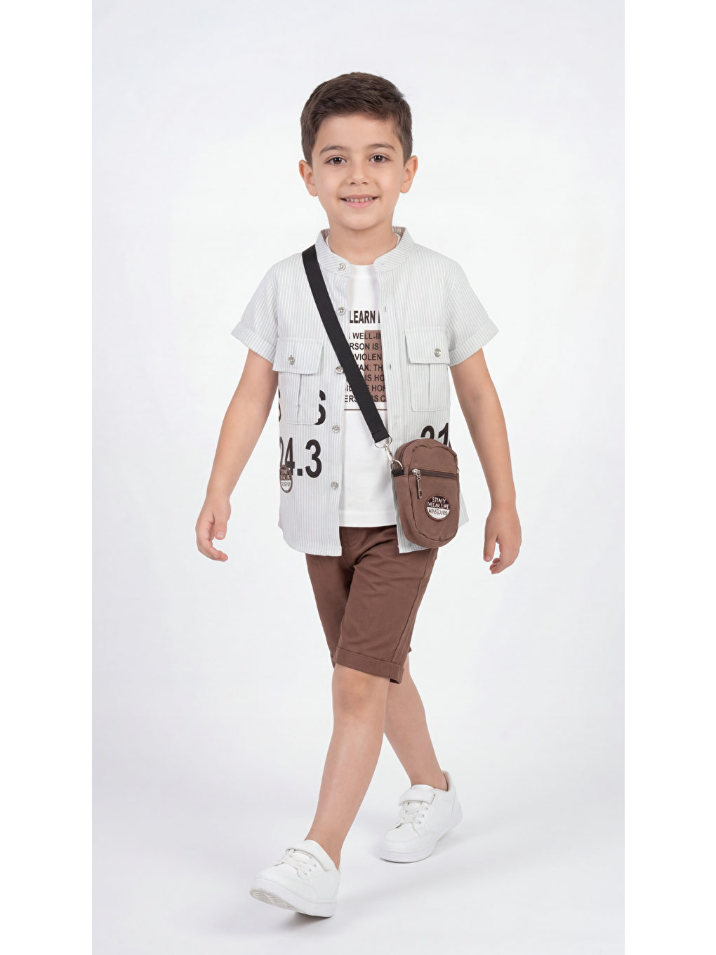 Yeşil Baskılı Çantalı Erkek Çocuk Gömlek-Şort-Tişört Takımı-1