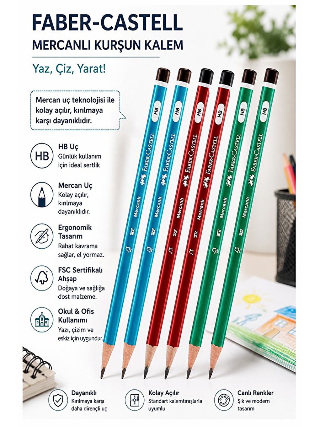 Siyah Kurşun Kalem Mercanlı 6 Adet Faber Castell Mercanlı Kurşun Tahta Kalem Hb Orta Dereceli Öğrenc