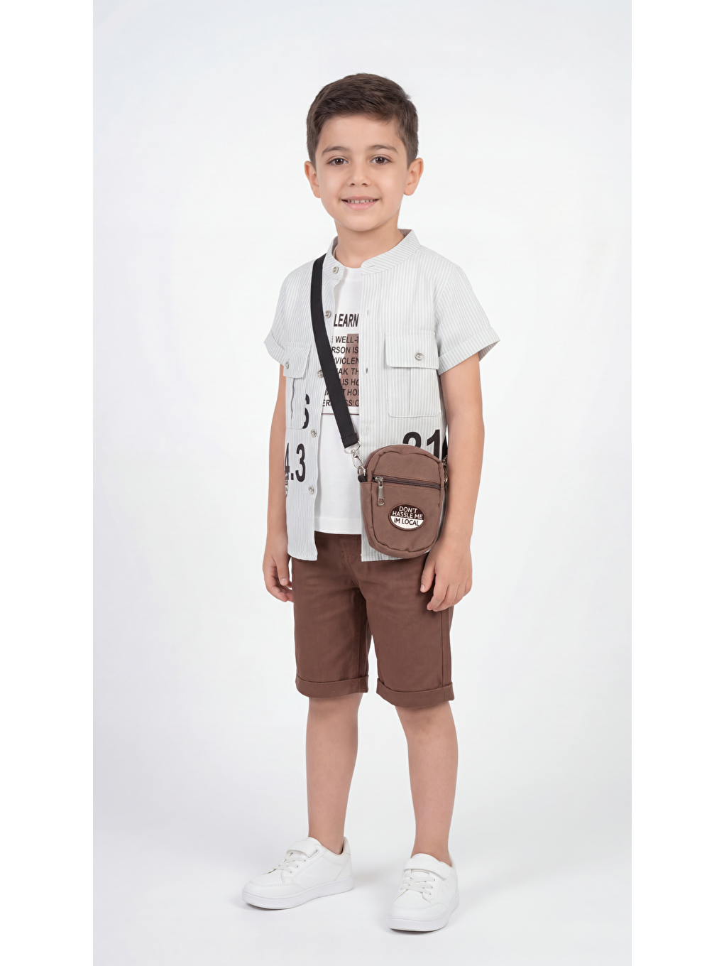 Yeşil Baskılı Çantalı Erkek Çocuk Gömlek-Şort-Tişört Takımı-2