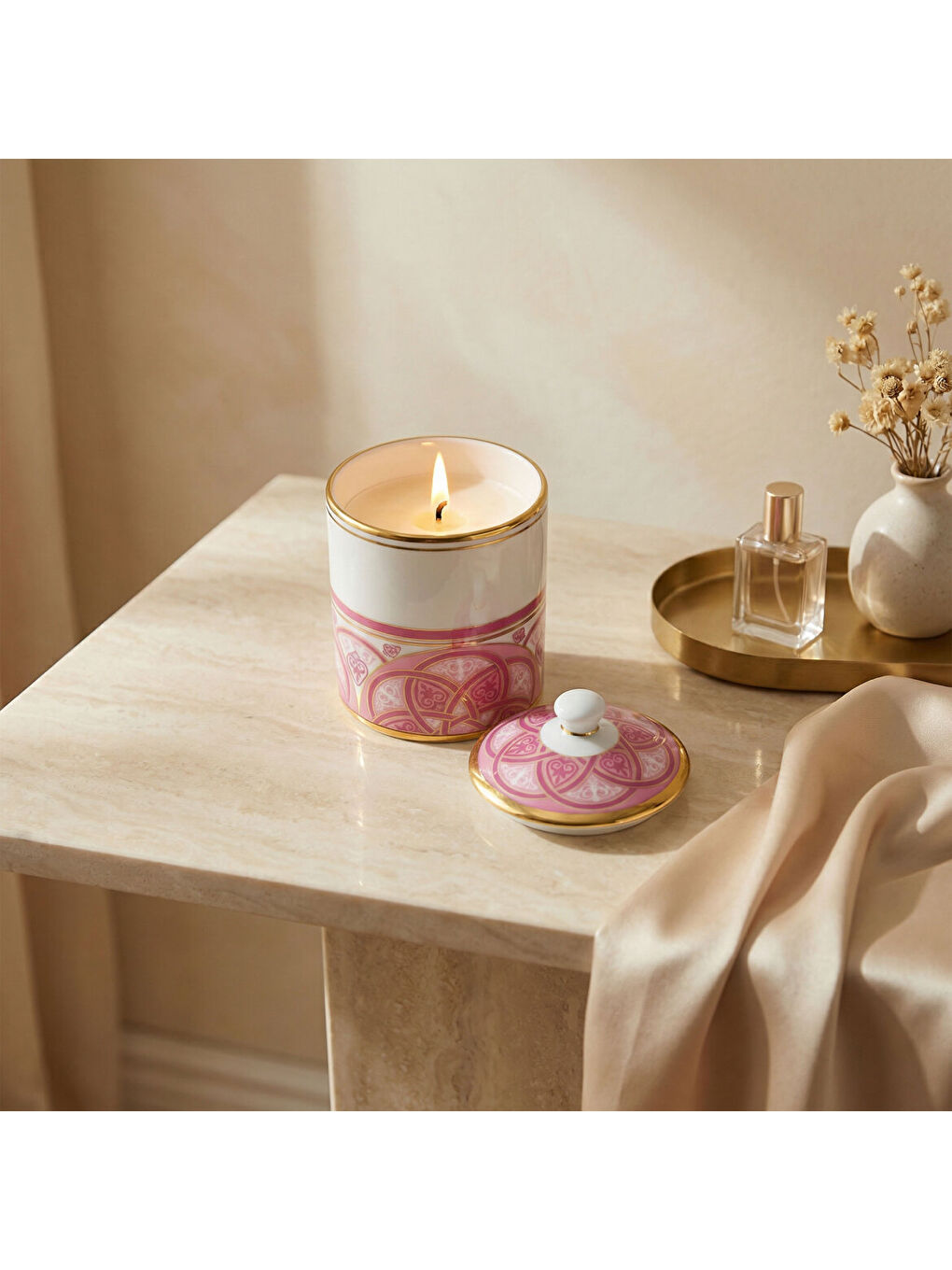 Ekru El Dekoru Altın Yaldızlı Kapaklı Porselen Mumluk & Dekoratif Kutu-4