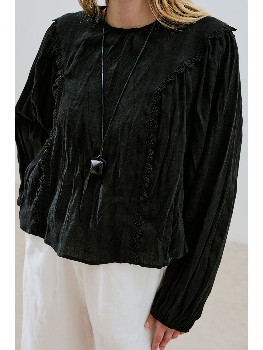 Keten Crush Efektli Bluz Siyah-2