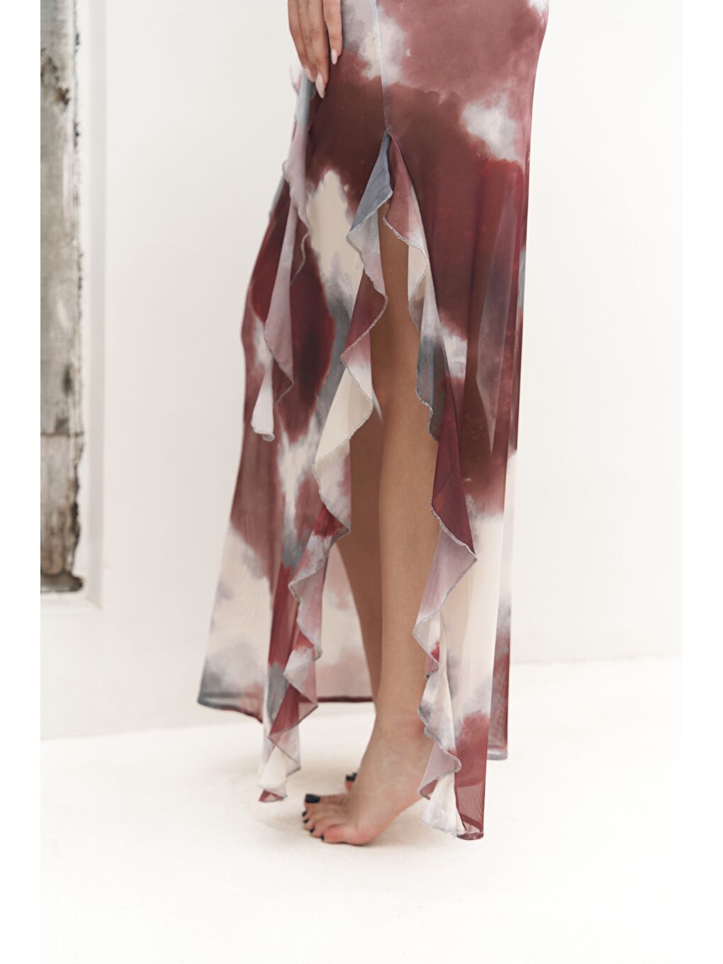 Magi Fırfır Detay Bordo Uzun Elbise-6