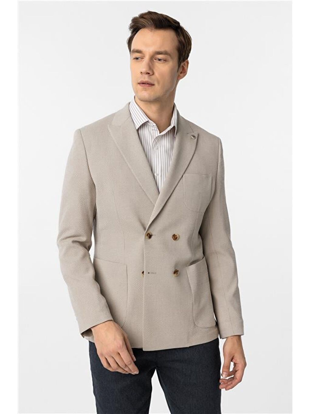 Bej Slim Baskılı Kruvaze Yaka 6 Drop Ceket-1