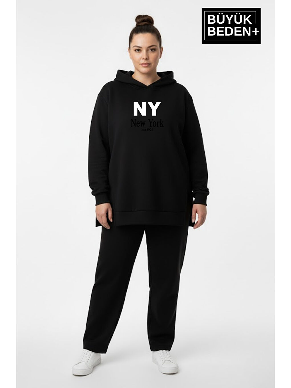 Siyah Büyük Beden Kapüşonlu NY Newyork Baskılı Tunik ince Sweatshırt SPR26BTK991-1
