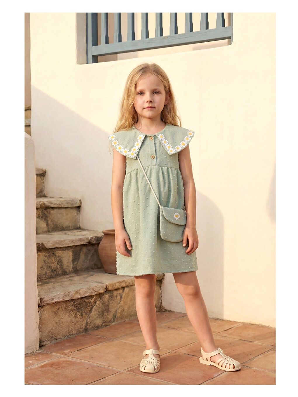 Kız Çocuk Pamuklu Yeşil Papatya İşlemeli Elbise - Çantalı-1