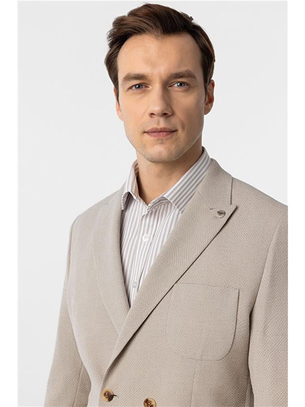 Bej Slim Baskılı Kruvaze Yaka 6 Drop Ceket-2