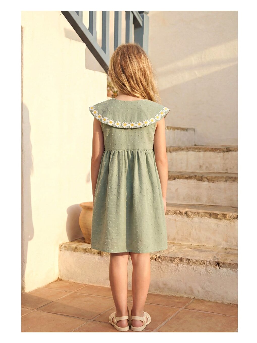 Kız Çocuk Pamuklu Yeşil Papatya İşlemeli Elbise - Çantalı-2