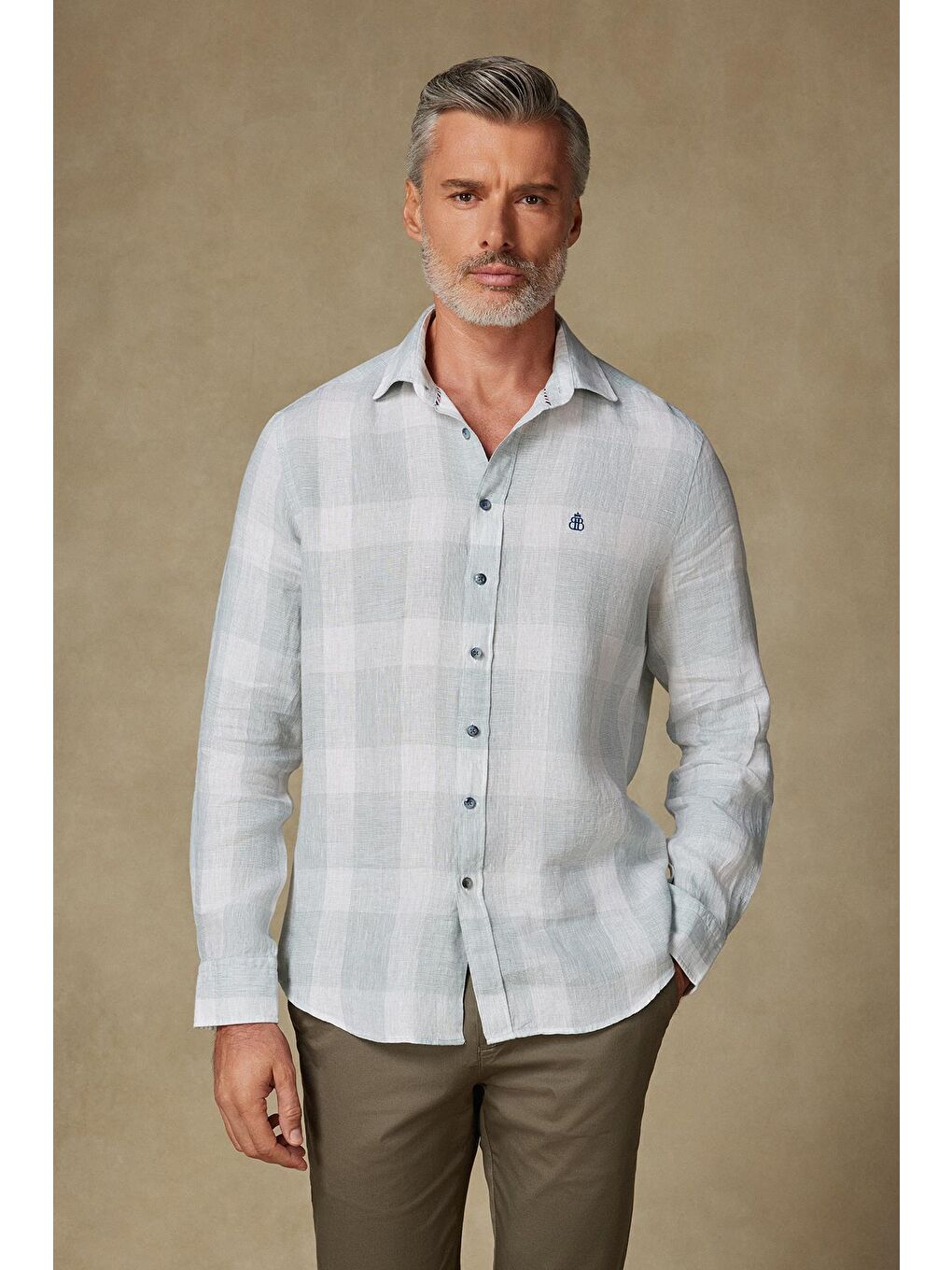 Lieno Keten Keten Comfort Fit Açık Yeşil Klasik Yaka Erkek Kareli Gömlek