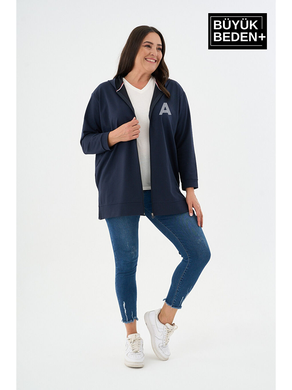 Lacivert Kadın Tunik Büyük Beden A Baskılı Fermuarlı Kapüşonlu Sweat Hırka SPR26BTK955-3