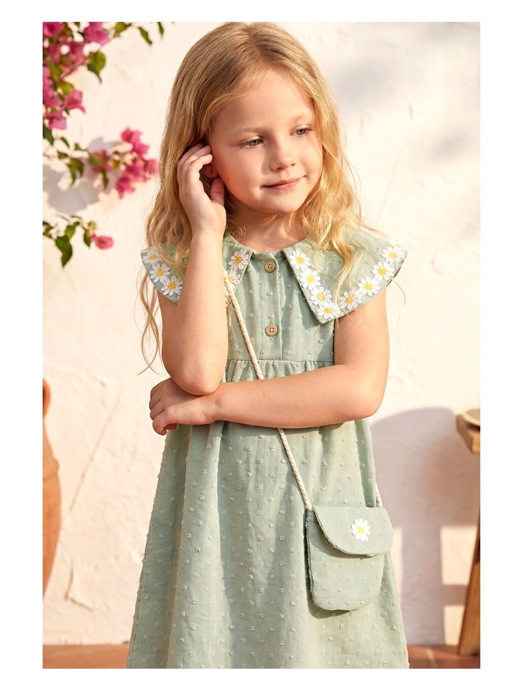 Kız Çocuk Pamuklu Yeşil Papatya İşlemeli Elbise - Çantalı-4