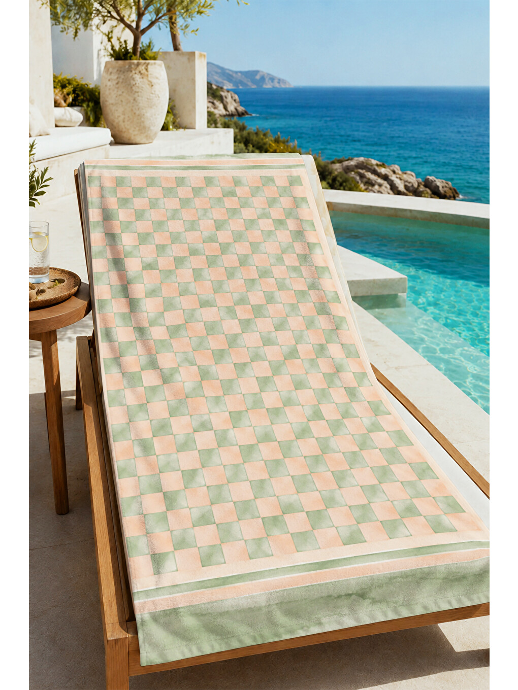 Yeşil Pastel Şeftali Mint Damalı Kareli Desenli 70x150 Plaj Havlusu - Dijital Baskılı Solmaz Banyo Havlusu