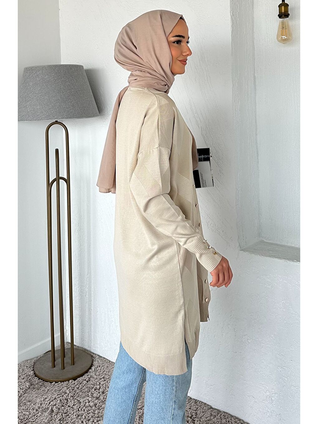 Bej Ön Düğmeli Desenli Tesettür Triko Hırka (m-l-xl Uyumludur)-4