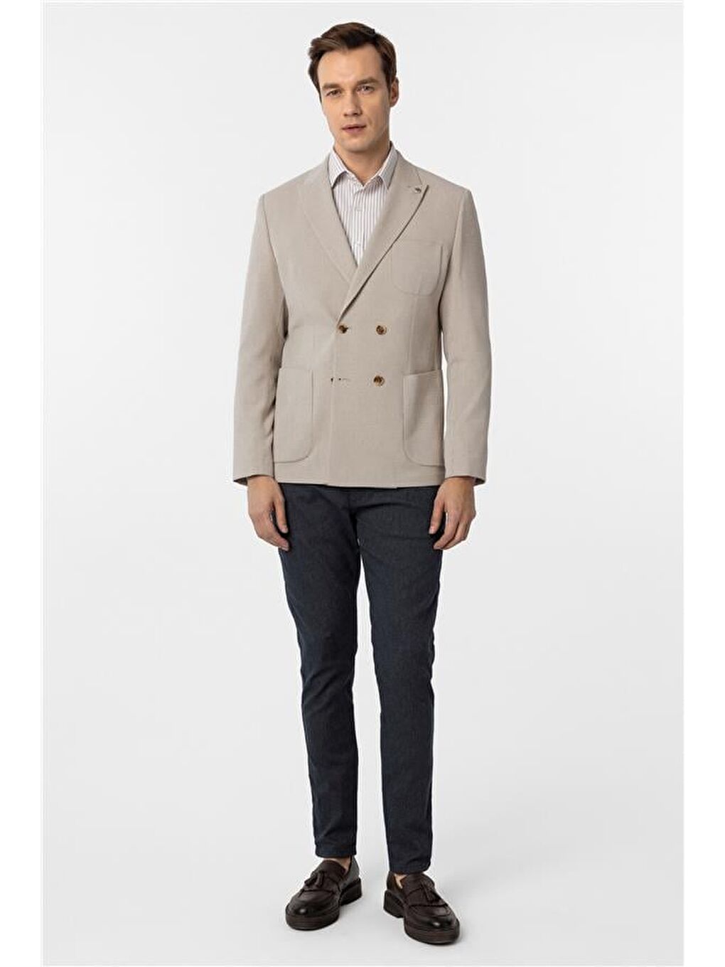 Bej Slim Baskılı Kruvaze Yaka 6 Drop Ceket-5