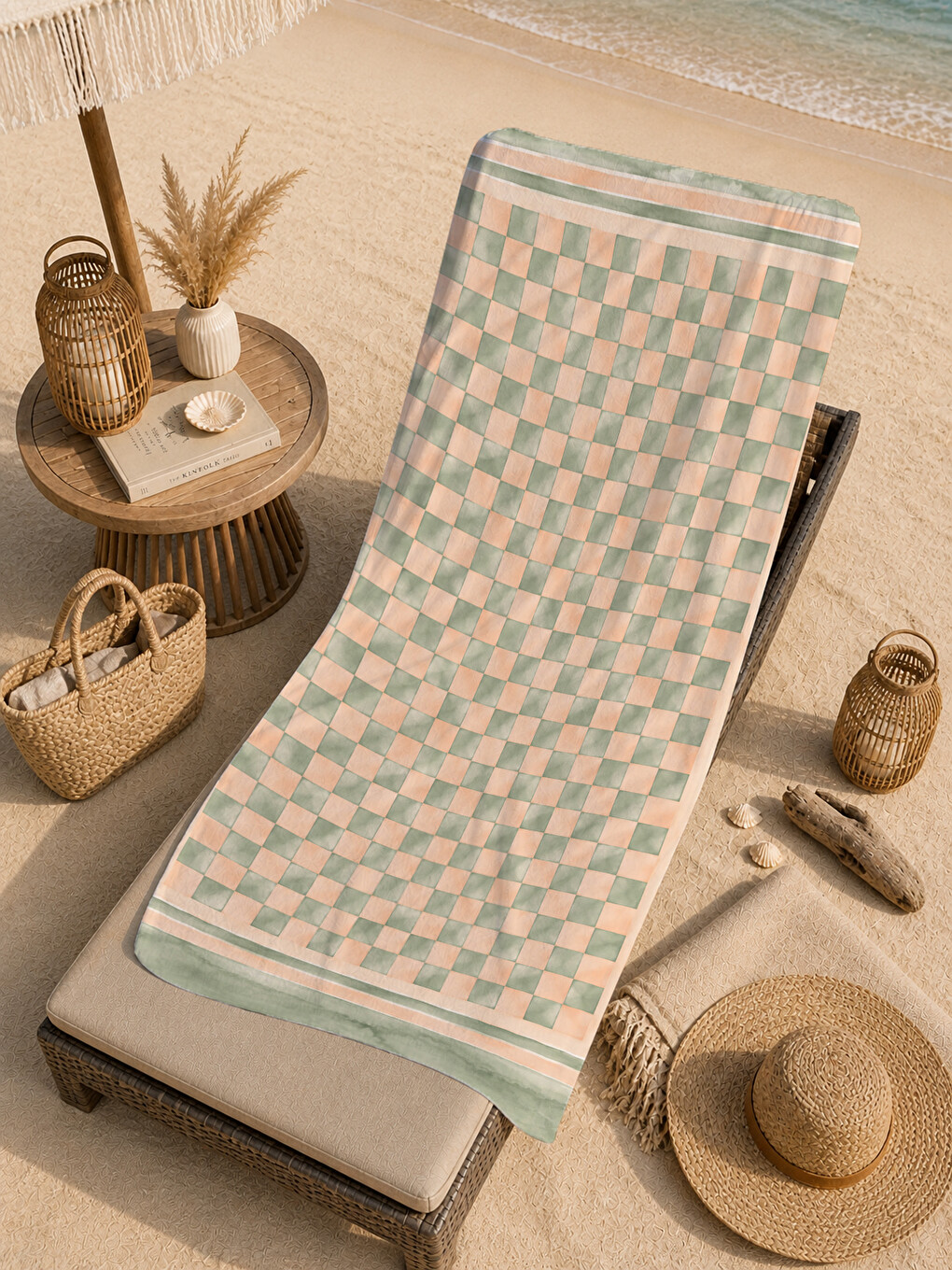 Yeşil Pastel Şeftali Mint Damalı Kareli Desenli 70x150 Plaj Havlusu - Dijital Baskılı Solmaz Banyo Havlusu-1