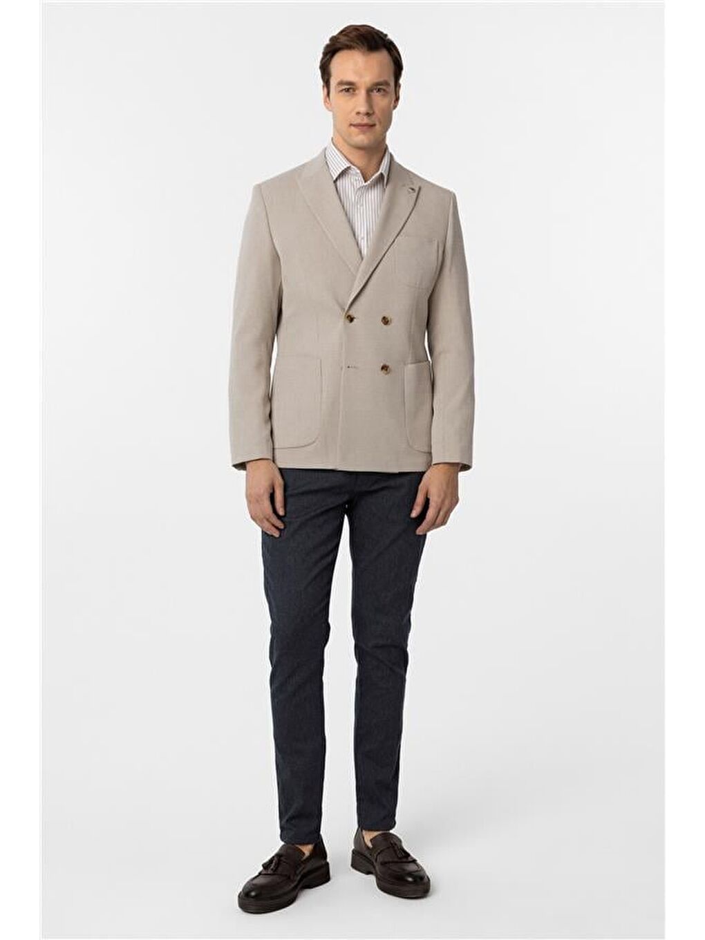 Bej Slim Baskılı Kruvaze Yaka 6 Drop Ceket-6