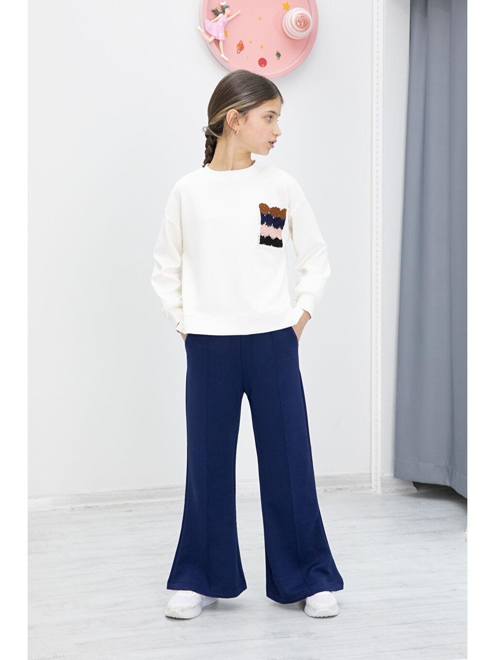 Lacivert Dantel Cepli İspanyol Paça Kız Çocuk Alt Üst Takım 19979-2