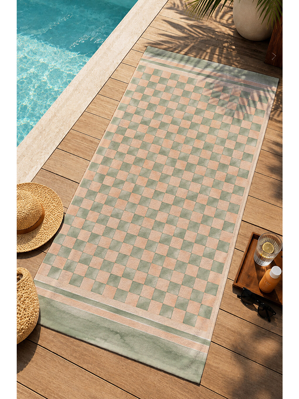 Yeşil Pastel Şeftali Mint Damalı Kareli Desenli 70x150 Plaj Havlusu - Dijital Baskılı Solmaz Banyo Havlusu-3
