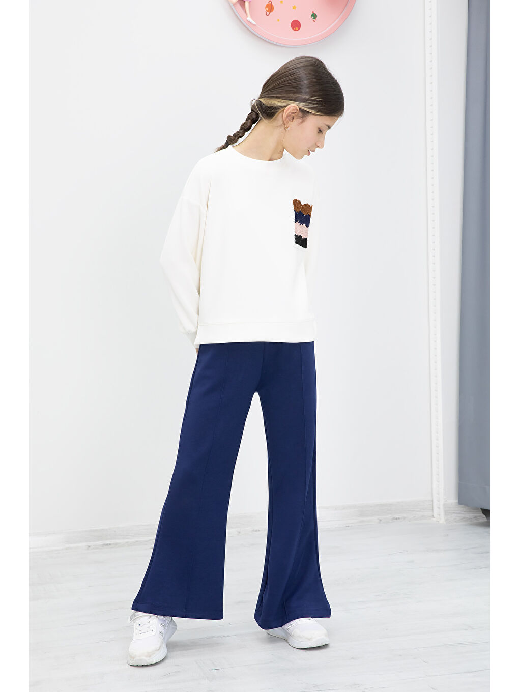 Lacivert Dantel Cepli İspanyol Paça Kız Çocuk Alt Üst Takım 19979-3